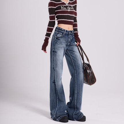 2025 New Women's Slim Small Spring Mop Pants Design Retro Blue High Waist Wide Leg Pants for Outer Wear