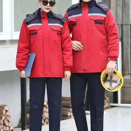 Winter Thickened Jacket, Mid-Length Workwear with Patchwork Shoulders, Cotton-Padded Jacket for Auto Repair, Construction Site, Factory, Cold Storage, and Warmth