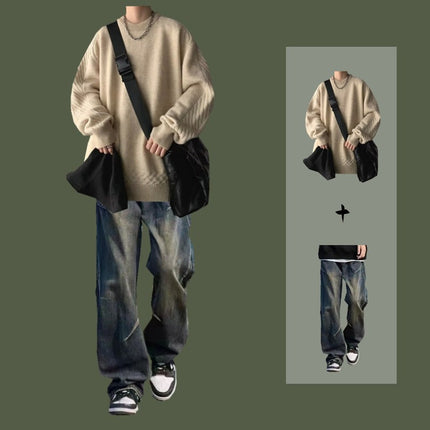 Lazy Style Sweater Men's Spring and Autumn Casual suit Set Matching Jeans Men's Sweater Fashion Two-piece Set