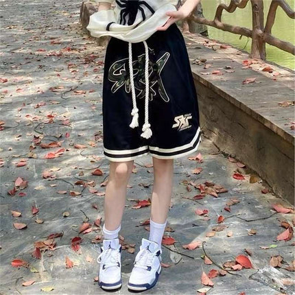 American Retro hiphop Letter Drawstring Pants Women's Summer New Loose High Waist Straight Wide Leg Shorts