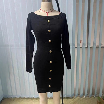 2025 Autumn/Winter New Cross-Border Japanese and Korean Style Sexy Off-Shoulder Long Sleeve Slim Fit Bodycon Knitted Short Dress 8226