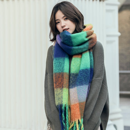 Autumn and winter European and American color matching AC cashmere thick tassel scarf rainbow plaid mohair warm female student plus