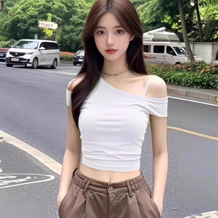 New Style Pure Desire Short Crop Top for Hot Girls, One-Shoulder Black Asymmetrical Neckline, Unique and Chic Small Top, Women's Summer Short-Sleeve T-Shirt