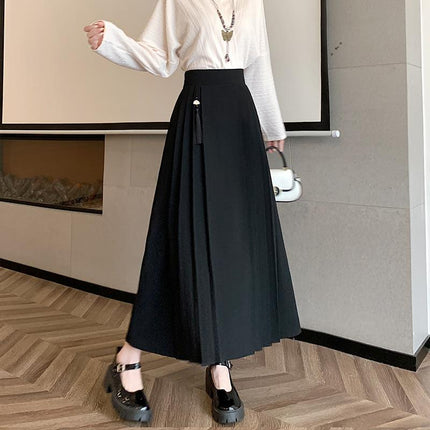 Real Shot of 2026 New Chinese-Style Fan-Shaped Tassel Hanging Decoration Mid-Length High-Waisted Slimming A-Line Pleated Mamian Skirt