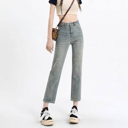 Nostalgic Retro Straight-Leg Jeans Women's Trendy All-Match High-Waist Slimming Old-Fit Cropped Smoke Pipe and French Stick Pants