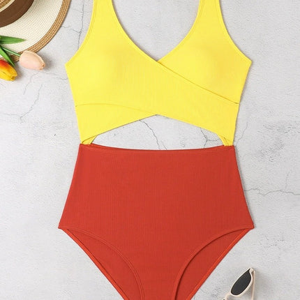 New foreign trade cross-border color matching one-piece swimsuit women's sexy high belt chest pad European and American triangle bikini Amazon