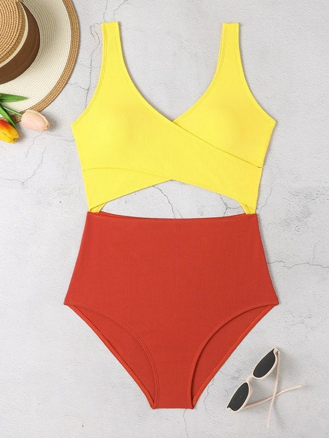 New foreign trade cross-border color matching one-piece swimsuit women's sexy high belt chest pad European and American triangle bikini Amazon