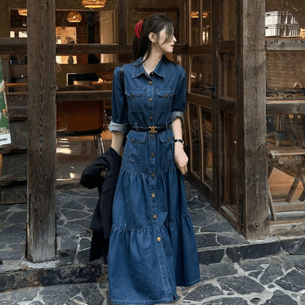 Vintage Elegant Denim Shirt dress Women's Tight Waist Slimming Long Dress Early Autumn New Arrival Light Luxury Women's Clothing