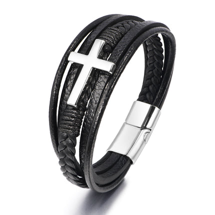 Cross-Border Hot Selling European and American Cross Leather Bracelet Men's Multi-Layer Hand-Woven Rope Magnet Buckle Genuine Leather Bracelet