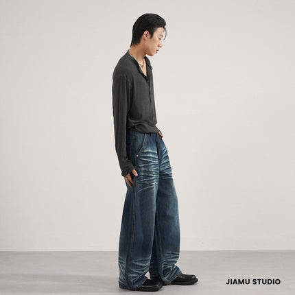 Jiamu Cat Whisker Sickle Pants American Baggy Jeans Unisex Wide-Leg Scimitar Jeans for Men and Women Loose Drape