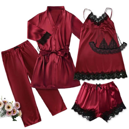 2024 New Sexy Pajamas Women's Spring and Summer Five-Piece Silk Black Lace Slip Skirt Long-Sleeved Nightgown Home Clothes