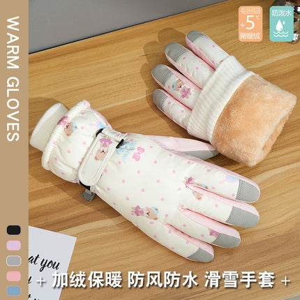 Ski Gloves Winter Women's Outdoor Cycling Windproof Warm fleece-lined Thickened Non-slip Finger Cold-proof Cute Splash-proof