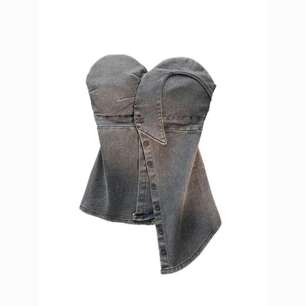 Pure Desire Hot Girl Denim Tube Top Camisole Women's Summer Outerwear with Breast Pad Asymmetrical Sexy Wrap Chest Short Top