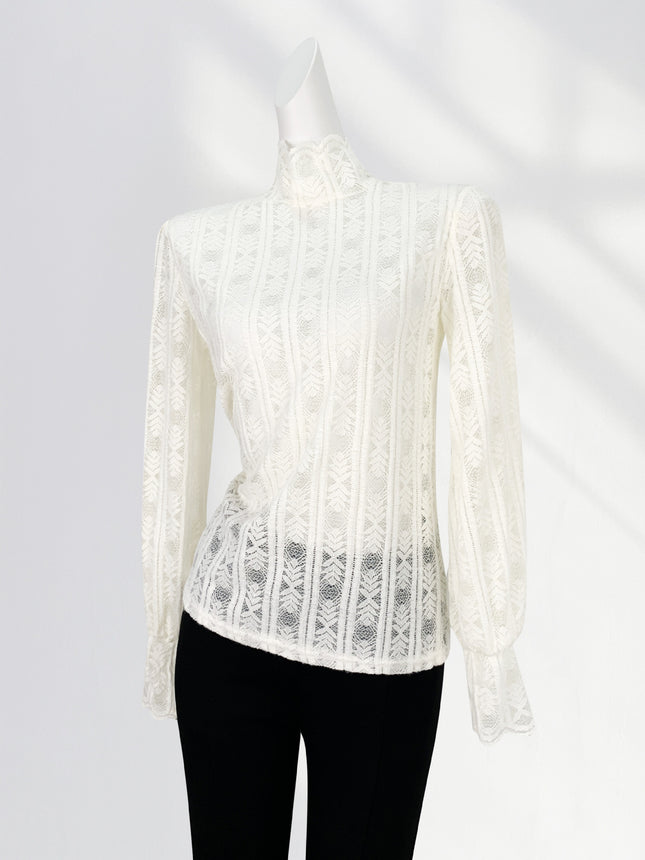Women's full-body fleece-lined high collar brushed lace bottoming shirt autumn and winter long sleeve lace mesh top
