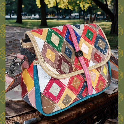 European and American Fashion Women's Bags, New Style Cowhide Women's Bags, Colorful Rhombus Stitching Genuine Leather Shoulder Crossbody Bag, Casual and Versatile