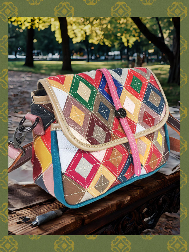 European and American Fashion Women's Bags, New Style Cowhide Women's Bags, Colorful Rhombus Stitching Genuine Leather Shoulder Crossbody Bag, Casual and Versatile