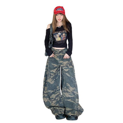 American High Street Camouflage Scimitar Wide-Leg Pants for Women 2025 Autumn and Winter New Loose High-Waist Slim Floor-Length Jeans