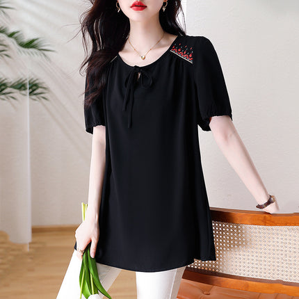 Plus-Size Women's Fashionable Embroidered Chiffon T-Shirt for Chubby Moms, Stylish and Concealing Belly Fat, Eye-Catching Top