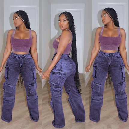 Amazon AliExpress wish European and American women's jeans street work style multi-pocket women's trousers