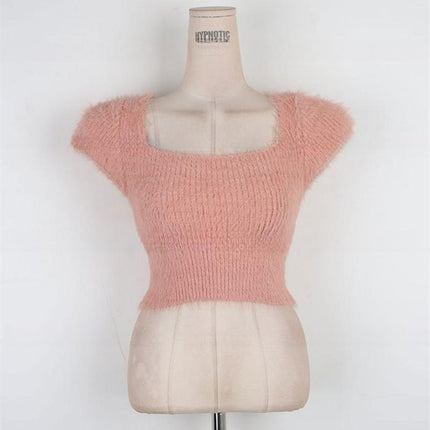 South Korea's Dongdaemun New Style Furry Comfortable Short-Sleeved Square Collar Slim Short Style Figure-Flattering Versatile Knitwear T-Shirt for Women
