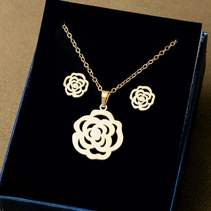 European and American Stainless Steel Earrings Necklace Women's Set Cross Border Geometric Cross Palm Eye Rose Pendant Jewelry