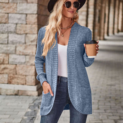2026 Spring and Autumn Amazon Solid Color Ribbed Brushed Casual Patchwork Long Sleeve Cardigan Jacket for Elegant Commuting