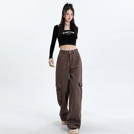 Brown American Workwear Jeans for Women 2025 Autum New High-Waisted Loose Slimming Look Straight Wide-Leg Floor-Length Pants