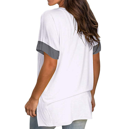 2024 Europe and the United States Spring and Summer Cross-Border New Women's Basic Solid Color V-Neck Short-Sleeve Stitching
