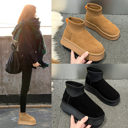 2024 Winter New Leather Mini Thick Bottom Snow Boots Women's fleece-lined Ankle Boots Northeast Cotton Boots Sangpo Student Shoes