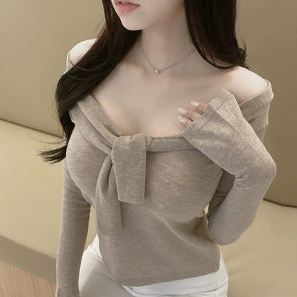 South Korea Spring New Elegant Slim-fit Shoulder Collar Shoulder Figure Lace-up Thin Long-sleeved Sweater T-shirt for Women