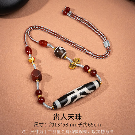 Natural Yellow Nine-Eyed Dzi Bead Necklace, Taiwanese Agate Pendant, Men's and Women's Couple's Braided Necklace, Ready for Sale