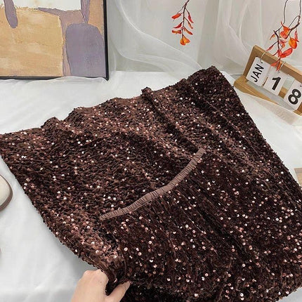 plus size French Style Retro Pearlescent Glittering Sequin Skirt Women's Spring and Autumn Draping Hip A- Line Long Skirt chubby girl Skirt