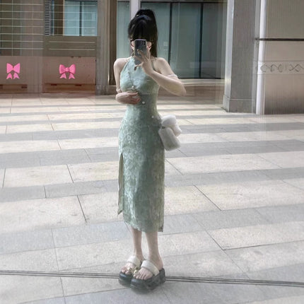 New Chinese Style Improved Cheongsam Halterneck Suspender Dress for Women Summer Waist Slimming Slit Hip-Covering Green Long Skirt