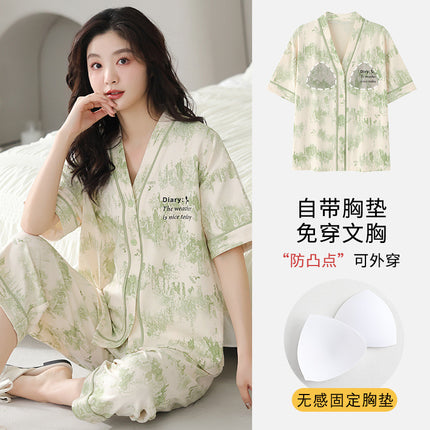 Pajamas Women's Summer Short-sleeved Knitted Cotton Wear-free Bra with Chest Pad Can be Wearing Outer-wear Anti-sudden Sleeping Beauty-making Home Wear Casual Wear