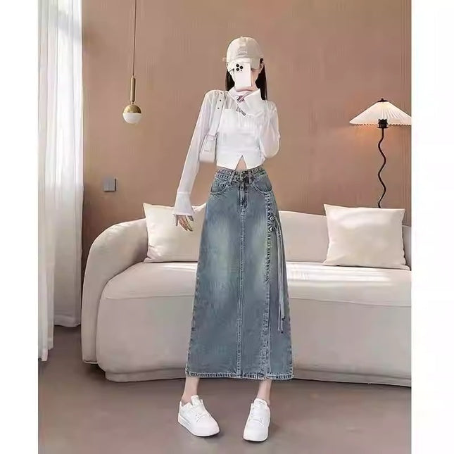 High Waist Split Denim Skirt Women's 2024 Trendy All-match Lightweight New Style Strap Design Sense New Chinese Style Long Skirt