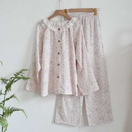 Spring and Autumn Cotton Double-layer Yarn Crewneck Llace Collar Women's Long Sleeve suit Home Clothes Soft and Sweet Outer Wear