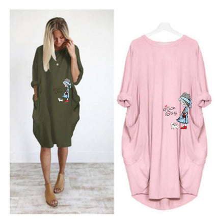 Factory direct sale wish AliExpress foreign trade women's casual loose pocket long sleeve plus size fat sister dress