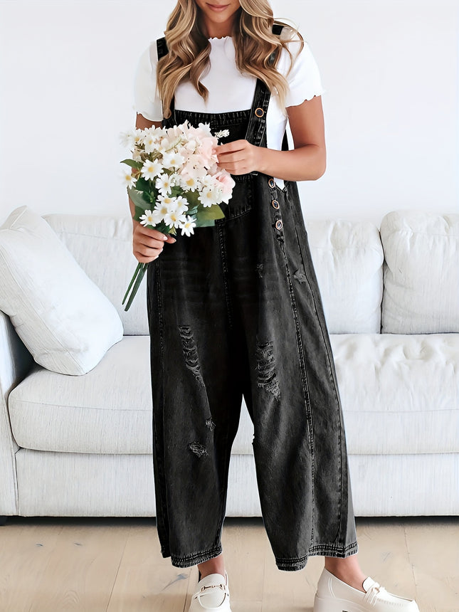 [Light Washed Blue Denim Overalls] Ripped Distressed Style