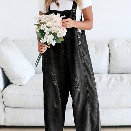 [Light Washed Blue Denim Overalls] Ripped Distressed Style