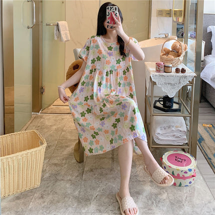 Cotton Silk Nightgown for Women, Summer Thin Short-Sleeved Printed Large Size Nightgown, Pregnant Women Can Wear It Outside, Cool Rayon Home Clothes
