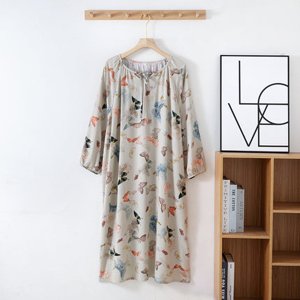 Cotton Silk Nightgown for Women, All-Cotton Summer Long-Sleeved Bohemian Style Long Dress Pajamas, Large Size Loose-Fitting Loungewear That Can Be Worn Outside