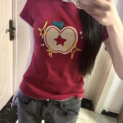 [Pure Cotton Towel Embroider + Back Collar] 2025 Versatile Top Ins Apple Design Niche High-End Sense