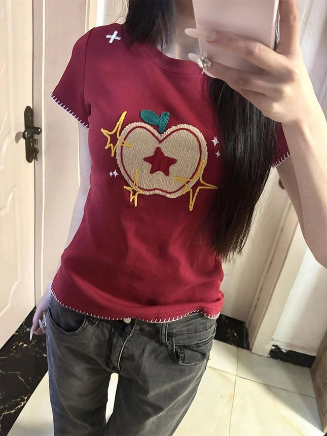 [Pure Cotton Towel Embroider + Back Collar] 2025 Versatile Top Ins Apple Design Niche High-End Sense