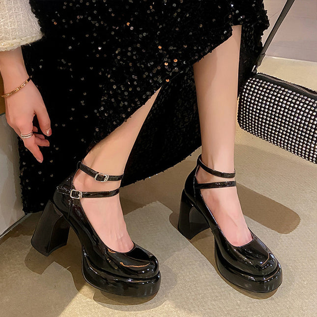 One-word Buckle Belt Mary Jane Shoes Women's wine red Shoes Small Waterproof Platform Thick Heel High Heels Not Tired Feet Black