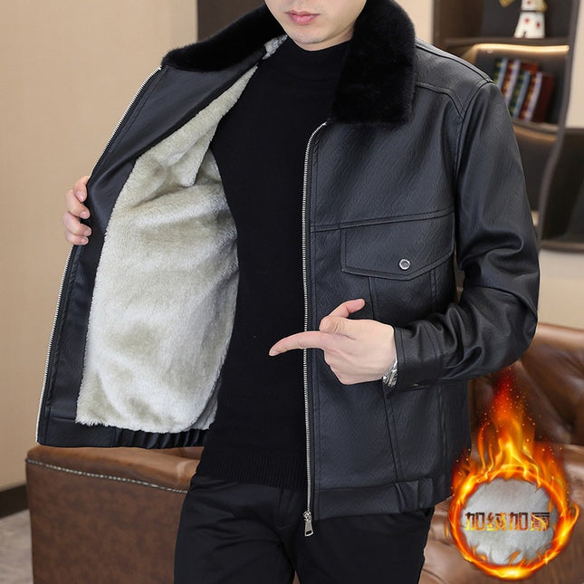 Winter fleece-lined Thickened Jacket Men's High-end Handsome Trendy Biker Clothing Leather Clothing Winter Clothing Warm Cotton Jacket Youth