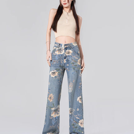 Vintage Printed Jeans for Women, Spring and Autumn New Design, Niche Loose Wide-Leg Floor-Length Pants, Trendy on Instagram