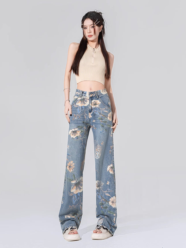 Vintage Printed Jeans for Women, Spring and Autumn New Design, Niche Loose Wide-Leg Floor-Length Pants, Trendy on Instagram