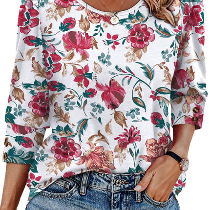 50 Colors Cross-Border European and American Amazon Spring and Summer New Printed T-Shirts with Cuff Buttons, Casual Versatile Vacation Women's Clothing
