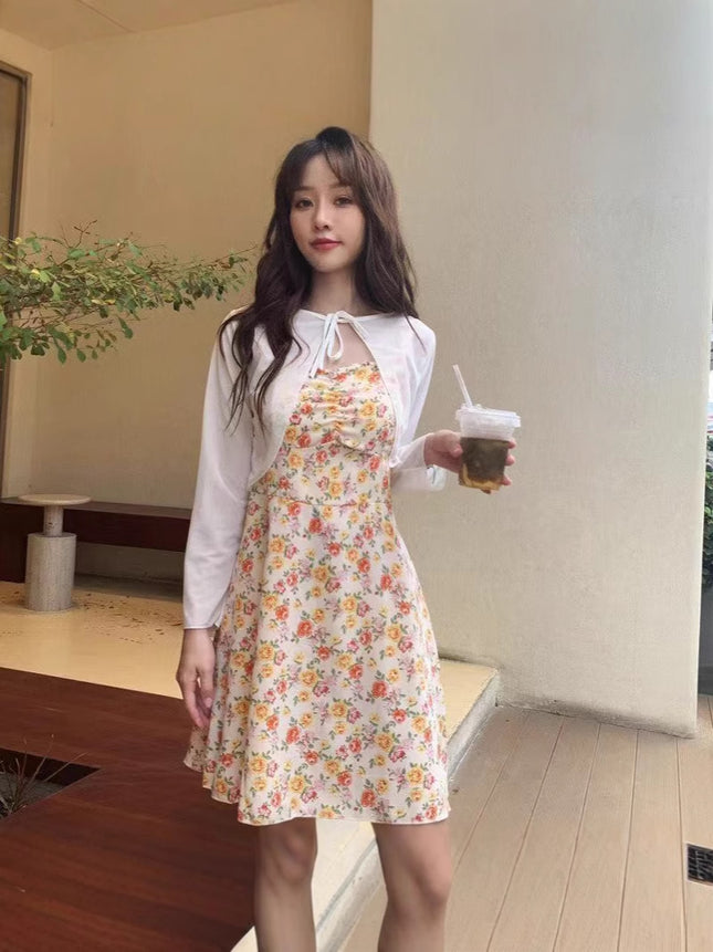 Korean Style Lace Sling dress Women's Summer New Fresh Flower Print Slim-fit Over-the-knee Long Dress