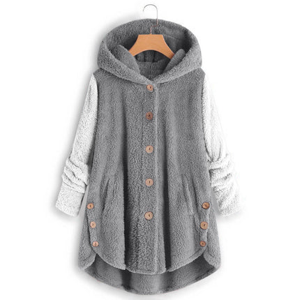 Amazon 2025 Autumn/Winter European and American Style Button-Up Hooded Cat Ear Plush Top Irregular Trendy Patchwork Jacket for Women